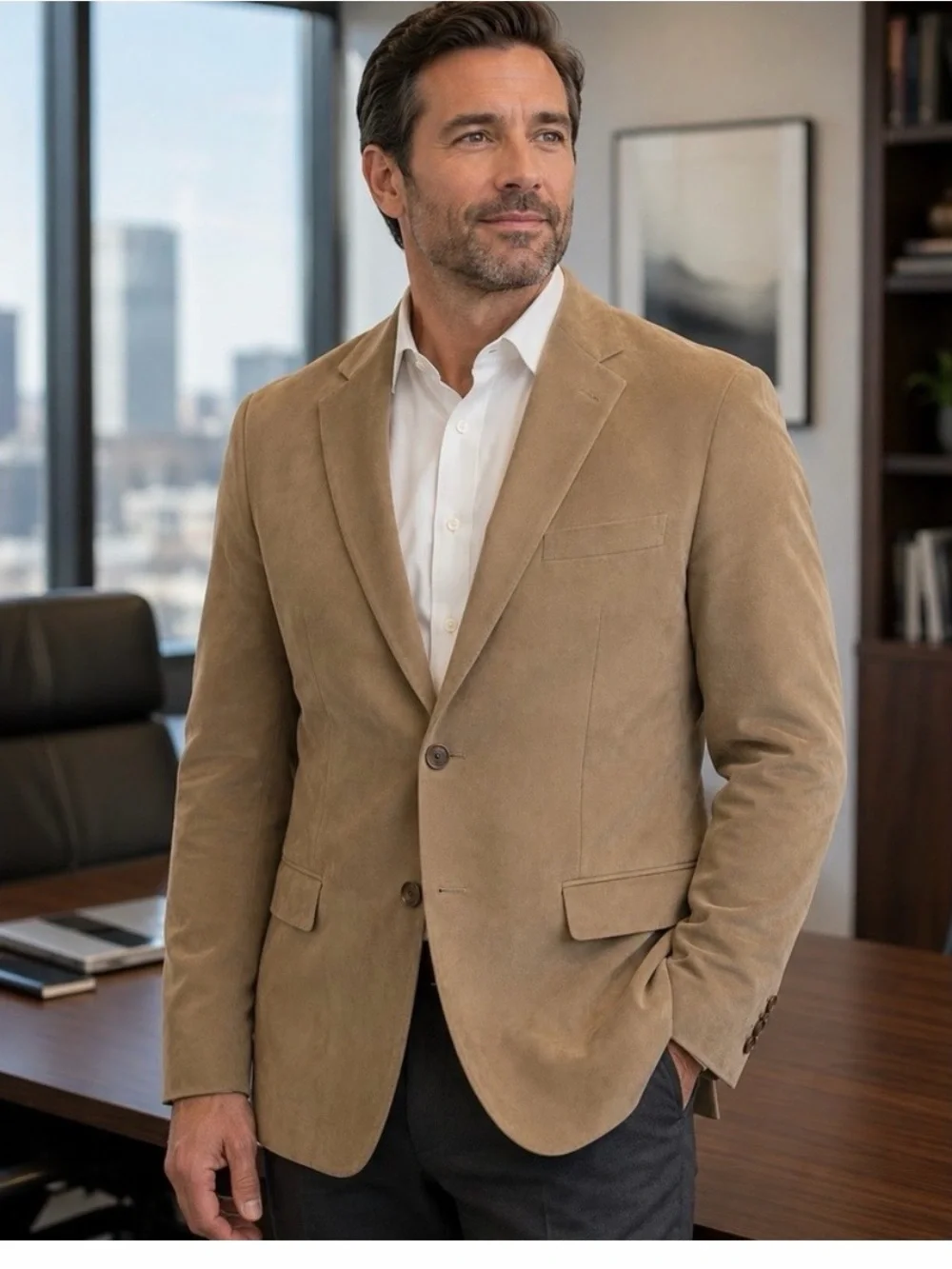LRL ultra suede taupe brown lined suit coat